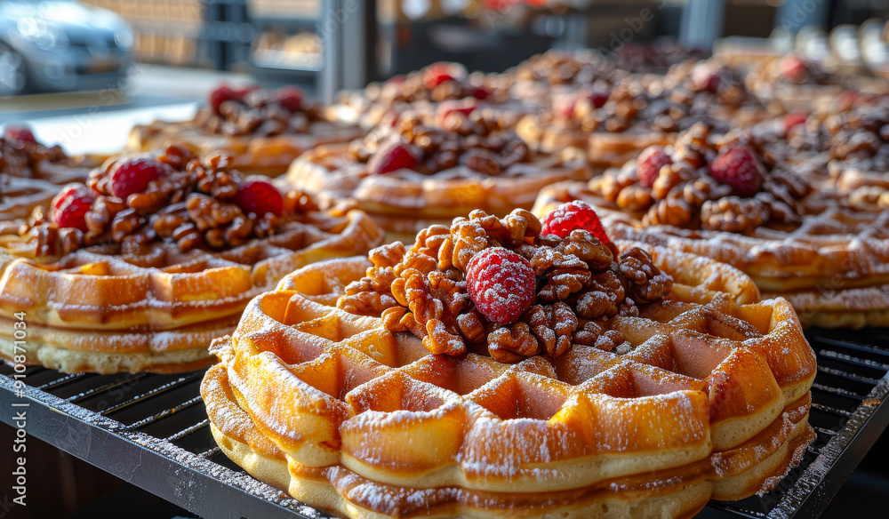 Poster a row of waffles with nuts and raspberries on top. the waffles are arranged on a rack and look delic