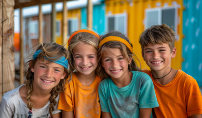 A group of four children are smiling and posing for a picture. They are wearing orange and blue shirts