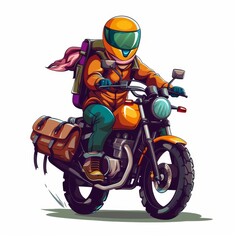 Obraz premium Colorful illustration of a motorcyclist with vibrant gear and a flowing scarf, riding a modern motorcycle with a backpack and gear.