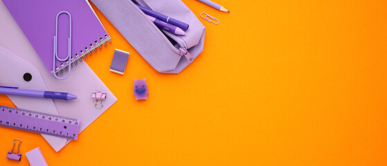 Back to school banner design. Flat lay purple school supplies on orange background.