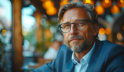 Fototapeta premium A man wearing glasses and a blue suit is sitting at a table in a restaurant