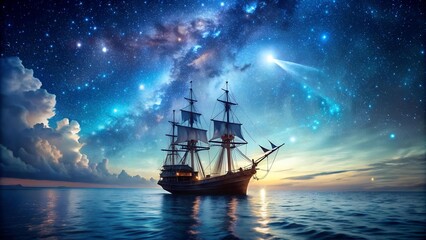 Fototapeta premium Celestial Sails: A Pirate Ship Navigates a Bioluminescent Sea Underneath a Starry Sky AI generated