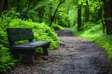 Tranquil Forest Pathway with Wooden Bench - Ideal for Nature Walks, Serenity, and Relaxation
