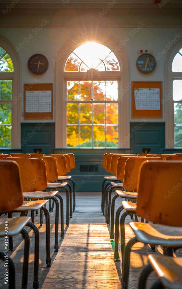 Poster a classroom with many empty chairs and a clock on the wall. the room is empty and the sun is shining