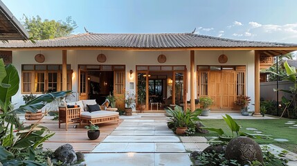 The front yard and entrance to an off-white bungalow with wooden accents in Thailand. The roof is covered by blue sky. There is one big window on each side of the two doors. Generative AI.