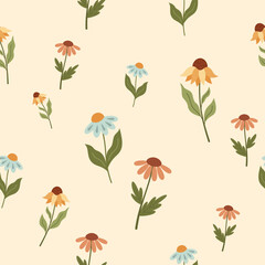 Flower seamless pattern in flat style. Retro flower pattern. Floral digital paper. Hand drawn vector pattern