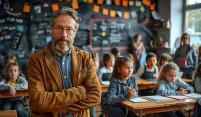 Obraz premium A teacher stands in front of a classroom full of students. The teacher is wearing a brown jacket and glasses.