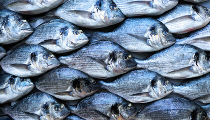 Obraz premium Freshly caught dorades lie next to each other in a symmetrical pattern as a background.