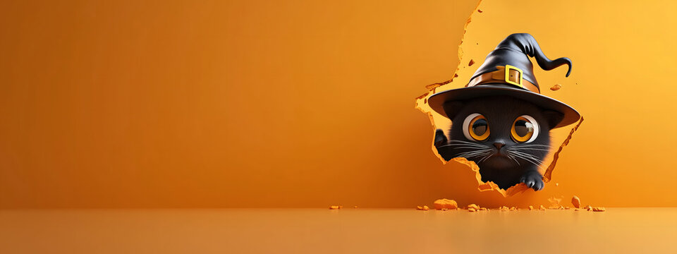 Cute Black Cat in Witch Hat Peeking Through a Orange Wall. Design Banner with Blank Copy space for Custom Advertising and Header