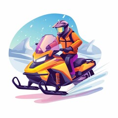 Colorful illustration of a person riding a snowmobile in a snowy landscape, perfect for winter sports and adventure-themed designs.