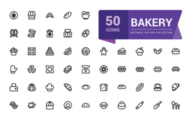 Bakery icon collection. Set Bakery thin line icon set. Bakery collection of simple outline signs. Fresh baking symbol in linear style. Editable vector stroke.