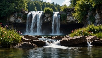 Obraz premium stunning waterfall and flowers in scenic mountain landscape