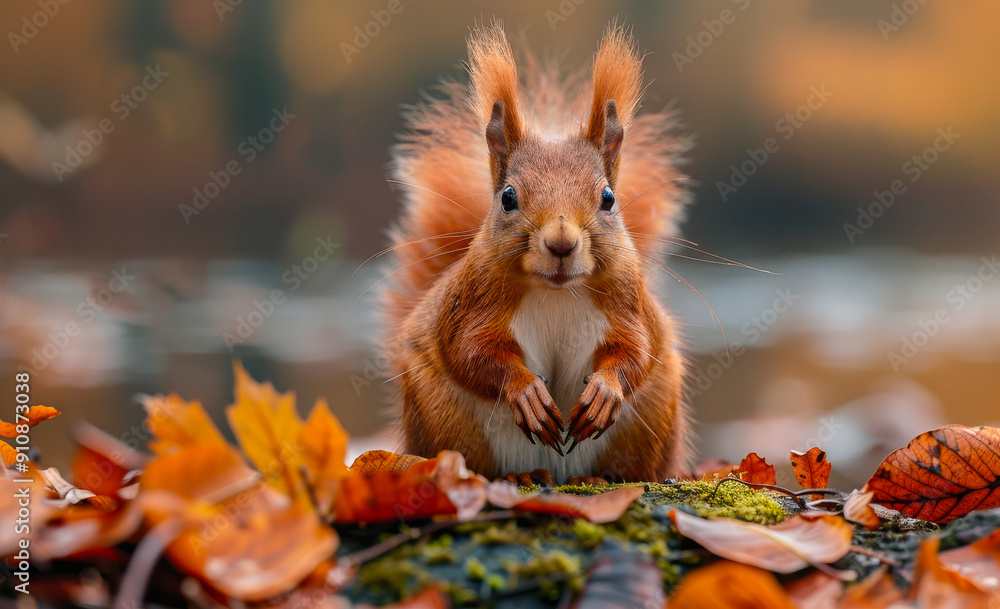Poster a squirrel is standing on a log covered in autumn leaves. the squirrel appears to be looking at the 