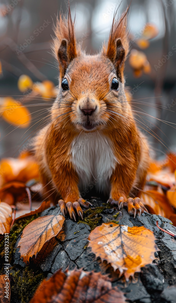 Poster A squirrel is standing on a rock with leaves on the ground. The squirrel is looking at the camera with a curious expression