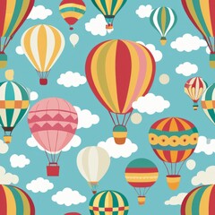 Seamless pattern of hot air balloons and clouds, for a whimsical summer sky scene