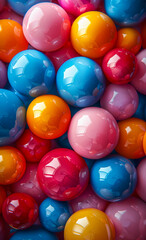 A close up of a bunch of colorful balls, some of which are blue, pink