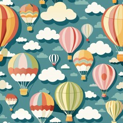 Seamless pattern of hot air balloons and clouds, for a whimsical summer sky scene