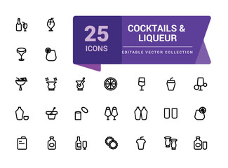 Cocktails and Liqueur icon set. Set of Bar and Nightclub outline mixology icons. Minimalist thin linear web ui icon set. Simple editable vector stroke illustration.