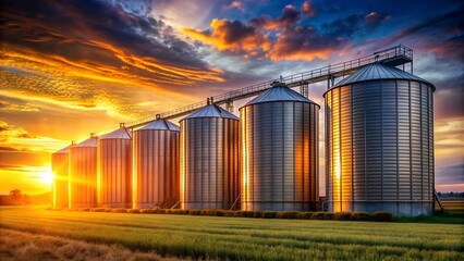 Obraz premium Tranquil Landscape of Grain Silos Bathed in Golden Hues Generative AI