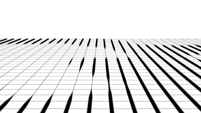 Abstract technology perspective animated moving multicolor grid. Retro background with glowing black grid landscape and moving camera. Detailed wireframe landscape with lines on white background