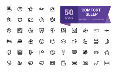 Comfort sleep icon set. Related to bed, pillow, sleepy, day dreaming, night and more icons. Minimalist thin linear web ui icon set. Simple editable vector stroke illustration.