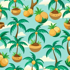Seamless pattern of palm trees and coconuts, creating a tropical island getaway feel