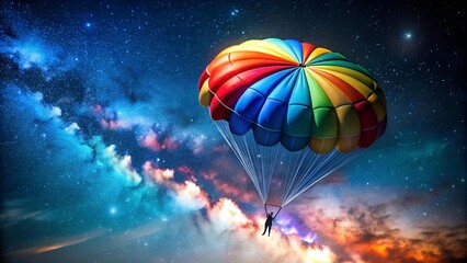 Obraz premium Celestial Canopy: A Vibrant Parachute Against a Starry Sky AI generated
