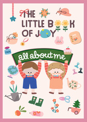 card, cute cover, new cove, new book. Back to school, cartoon all about me and study,  new students boy and girl 