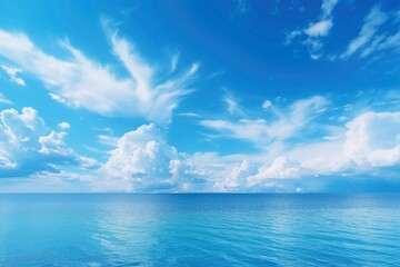Obraz premium Panorama of clear sky background for summer vacation concept at ocean and summer sea water with sunlight of beautiful cloudy sky with generative ai