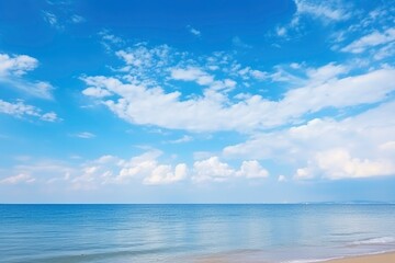 Fototapeta premium Panorama of clear sky background for summer vacation concept at ocean and summer sea water with sunlight of beautiful cloudy sky with generative ai