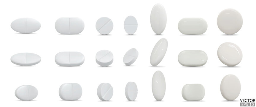 Set of 3d realistic pills isolated on white background. Medical Pill, Capsule, Tablet, medicine drug Collection. 3D vector illustration.