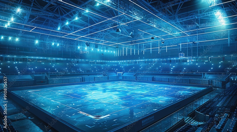 Poster a blue print of a wrestling ring in an arena, multiple angles. generative ai.