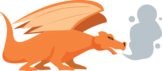 Cartoon illustration of a big orange dragon breathing smoke on white background