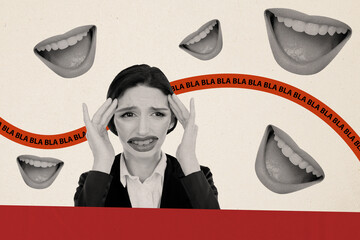 Composite artwork collage image picture of talking mouth bla blah girl headache isolated on...