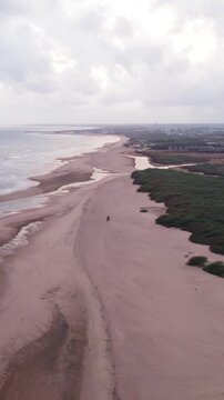Vertical Aerial view of tropical sandy beach at Mandvi, Kutch, India. Beach waves and clouds in sky during monsoon season. Bird Eye View 4K Cinematic Drone Footage. Travel and holidays concept.
