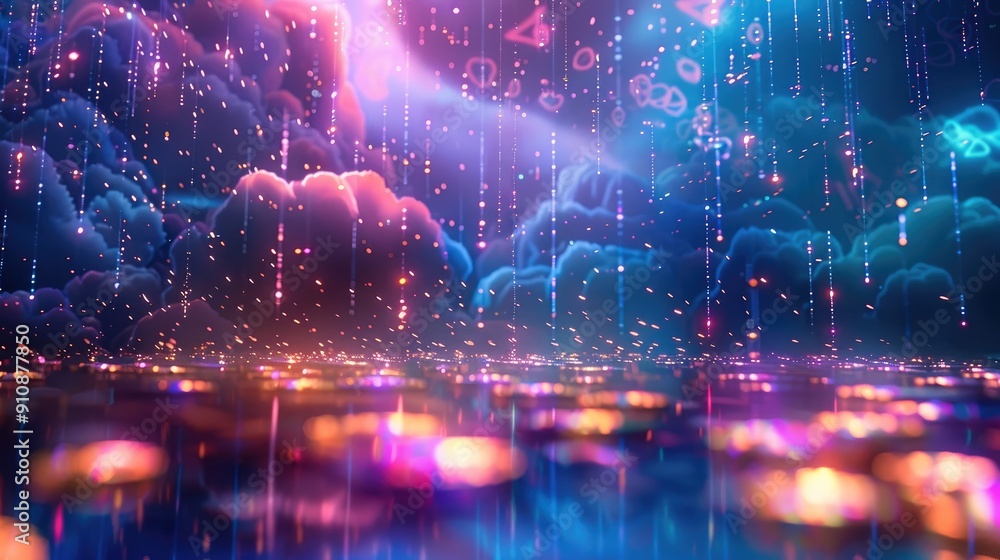 Poster a rain of holographic coins from a laughing cloud, front side view, program code background, deep pu
