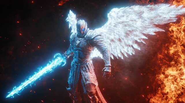  Intricate full-body shot of an ironclad white angel holding a glowing blue and white sword in a guardian pose, set against a dramatic black and red background, showcasing vivid colors
