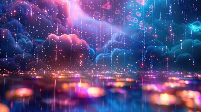 A rain of holographic coins from a laughing cloud, front side view, program code background, deep purple and light blue and purple and pink and yellow colors. Generative AI.