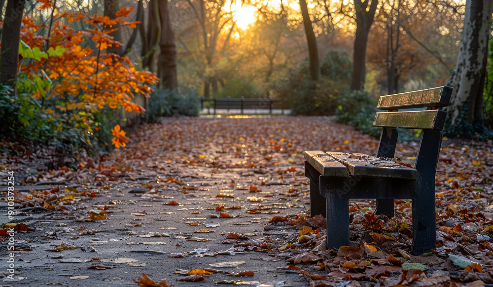 Poster a bench is sitting on a path with leaves on the ground. the bench is empty and the leaves are scatte