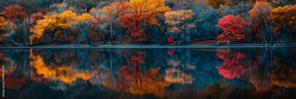 Aufkleber a breathtaking view of an autumn forest with vibrant foliage reflected in a calm lake, creating a pi