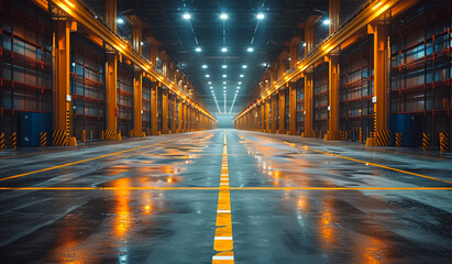 Obraz premium A large empty warehouse with yellow lights and a wet floor. Scene is somewhat eerie and desolate