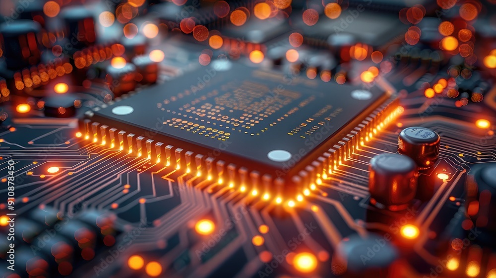 Aufkleber PCB layout with vibrant LED lighting, emphasizing the beauty and complexity of electronic circuit design. Generative AI.