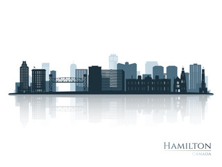 Hamilton skyline silhouette with reflection. Landscape Hamilton, Canada. Vector illustration.