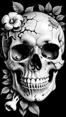 Black and white graphic illustration featuring a human skull as the central subject