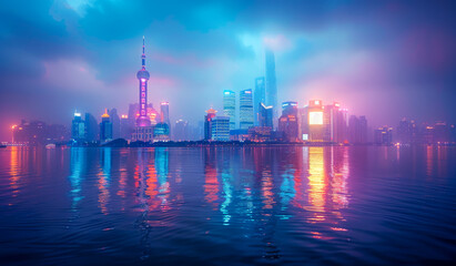 A city skyline is reflected in the water. The city is lit up at night, creating a beautiful and serene atmosphere