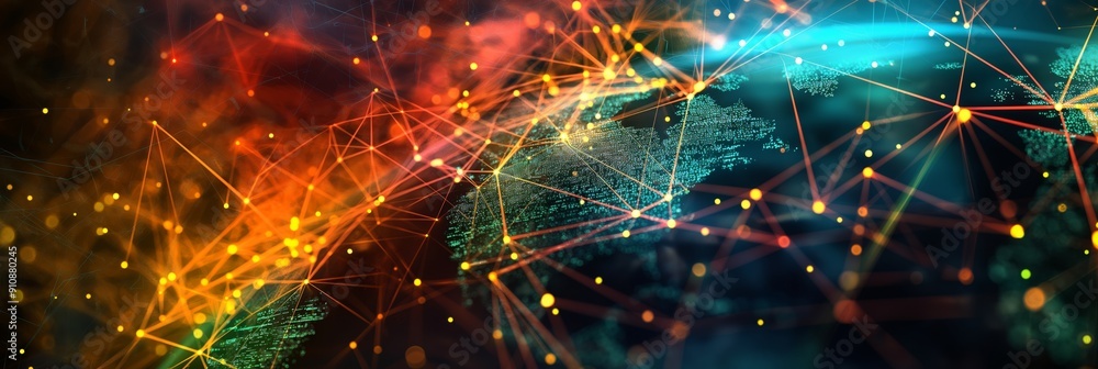 Poster a futuristic and colorful visualization of earth, highlighting interconnected digital networks with 
