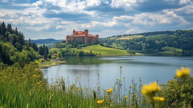 A beautiful landscape photo taken at Czorsztyn Castle in Poland during the summer, with Czorsztynskie Lake and the Pieniny Mountains in the background.