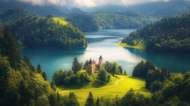 A beautiful landscape photo taken at Czorsztyn Castle in Poland during the summer, with Czorsztynskie Lake and the Pieniny Mountains in the background.