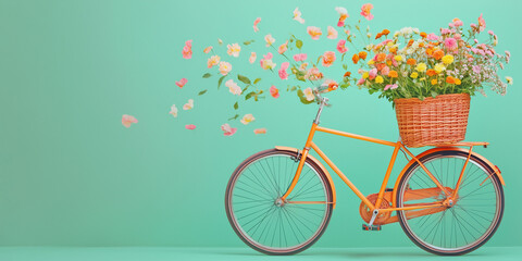 An orange bicycle adorned with a basket full of flowers sits against a turquoise backdrop, with flower petals scattering in the air, evoking a sense of peace and cheerfulness.