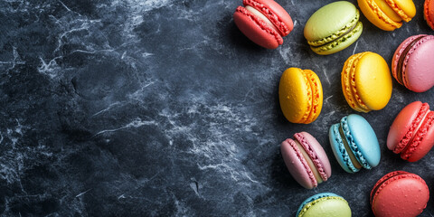 An assortment of brightly colored macarons scattered over a dark marble surface, showcasing their vibrant colors and perfect round shapes in a delightful arrangement.